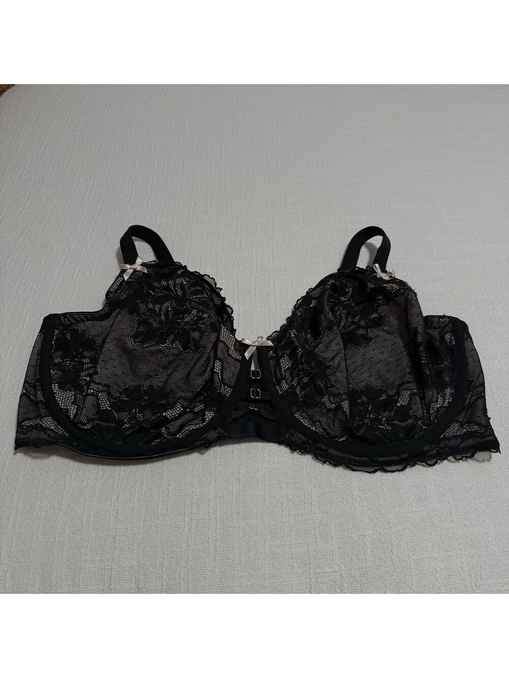 Cacique 44G Unlined Curvy Balconette Bra Black Lace Over Light Beige Underwire